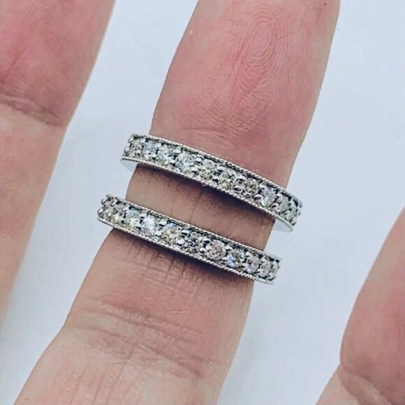 Custom Platinum 1.10CTW Diamond Pave Set Bands Matching Set Ring Size 4.75 - Picture 16 of 16